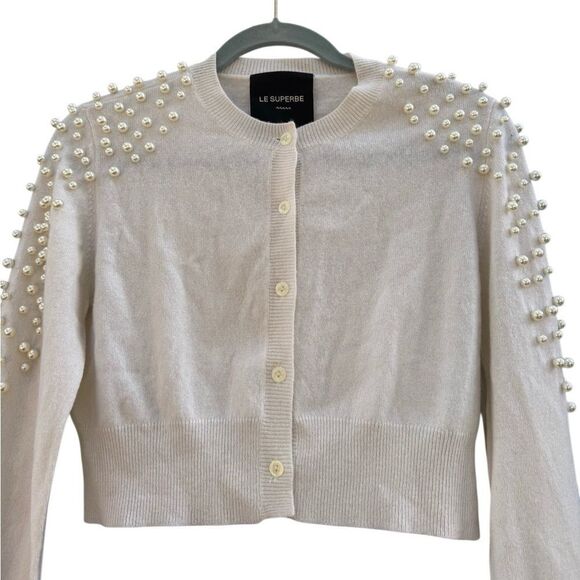 LE SUPERBE Women's Hailey Cropped Wool-blend Cardigan in  Ivory Size Medium - Picture 4 of 6